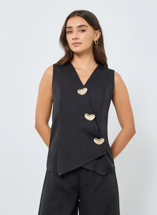 Styli Women Sleeveless Asymmetric Jumpsuit with Fancy Buttons